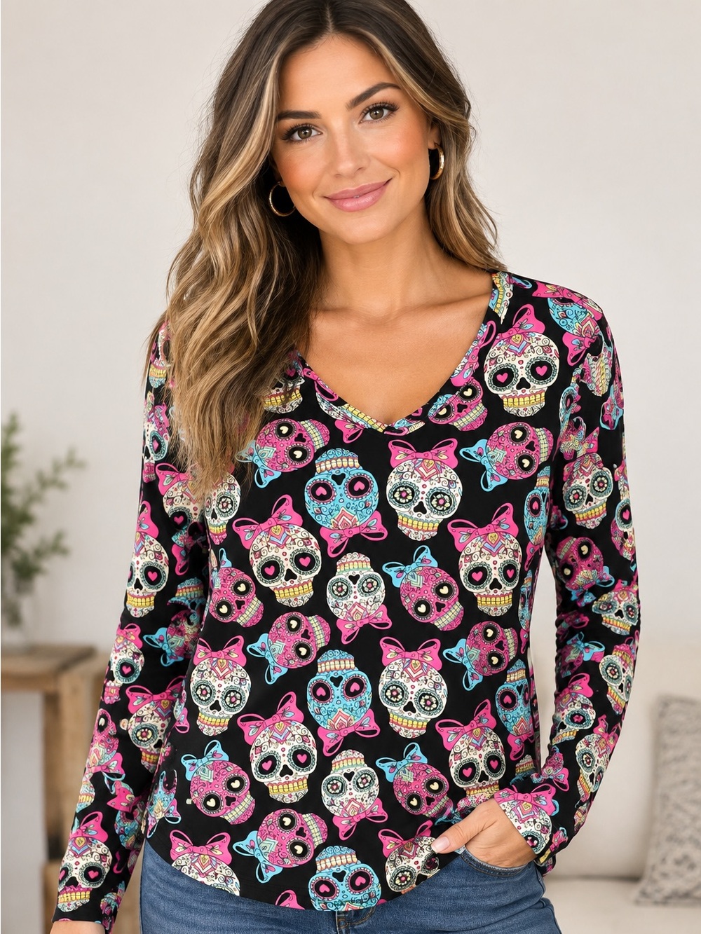 No Boundaries Multicolor Skull Print Top